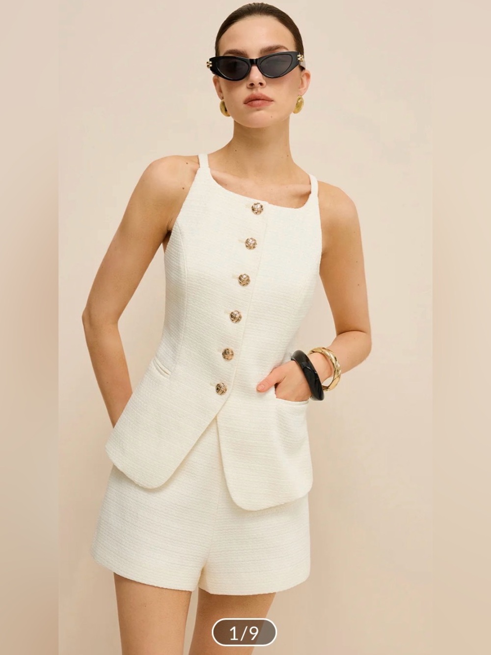 NWT Commense Pocketed Tweed Metal Button Shorts & Vest Set Cream Apricot Medium